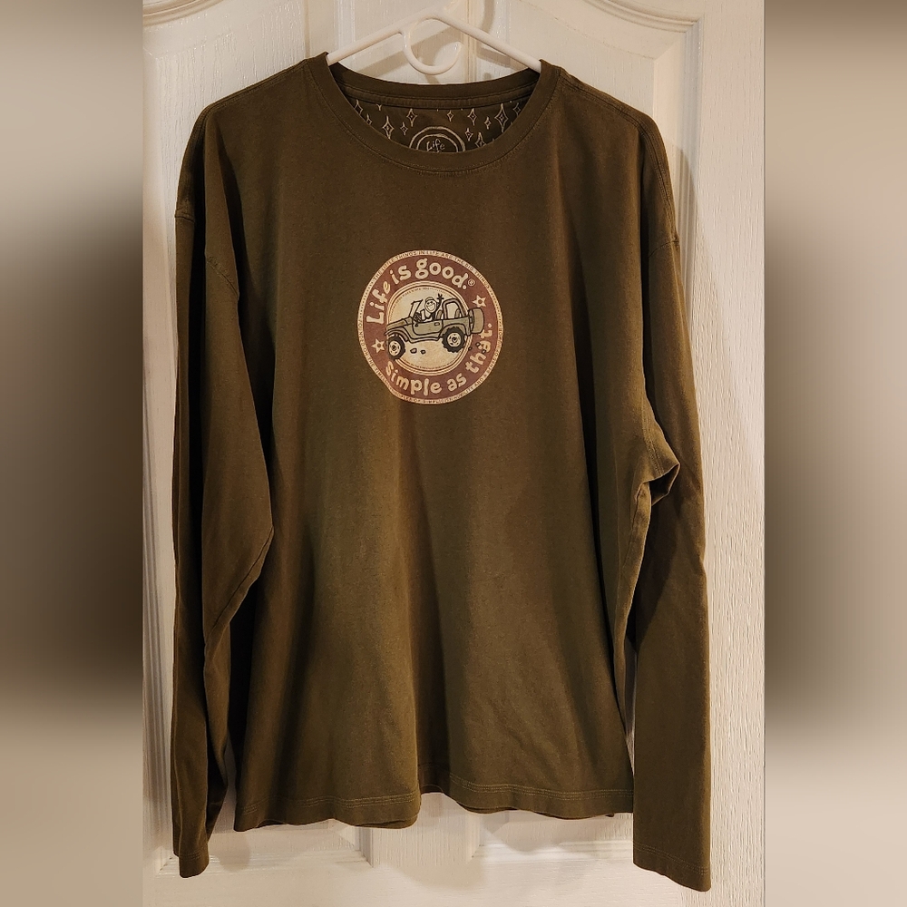 Men's Life Is Good Long Sleeve Crewneck ATV Jeep T-shirt (olive green XL)